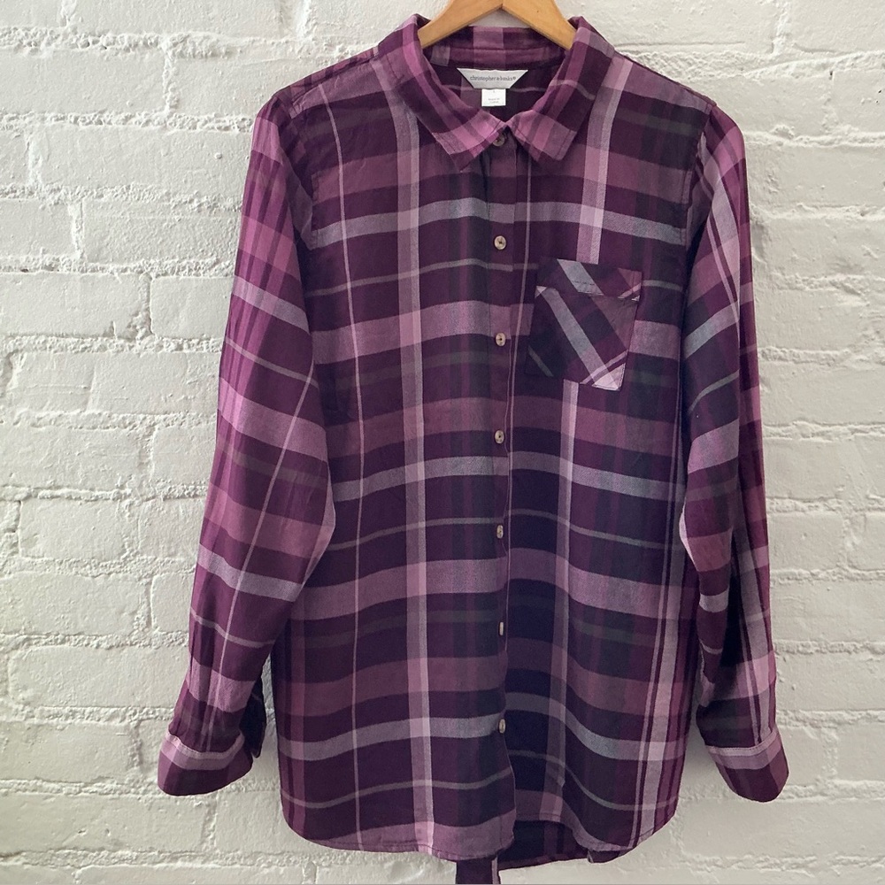 Christopher & Banks Relaxed Fit Long Sleeve Plaid Button Up Casual Tunic Top